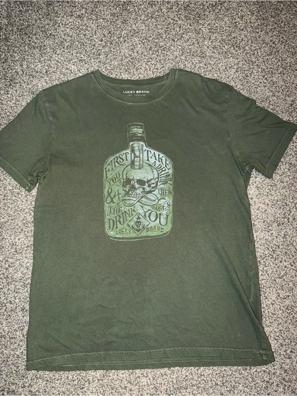 Lucky Brand Olive Green Skull Bottle Graphic Tee